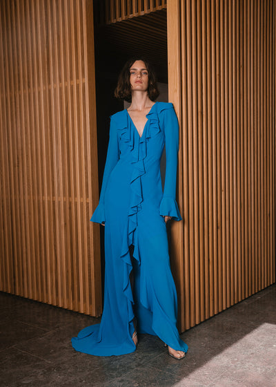 De La Vali TANGERINE MAXI DRESS IN BLUE CHIFFON