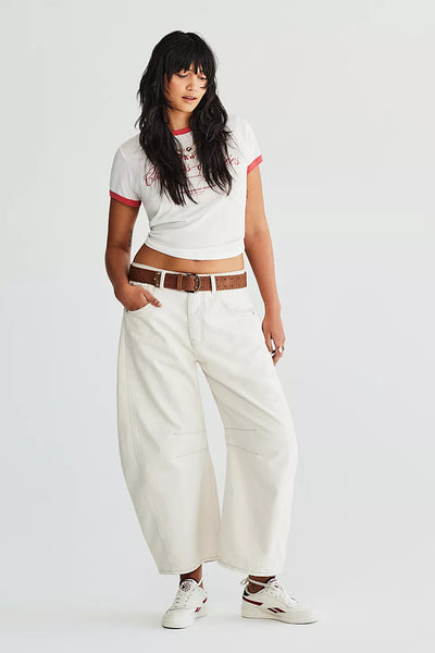 Free People Good Luck Mid Rise Barrel Ivory Jeans