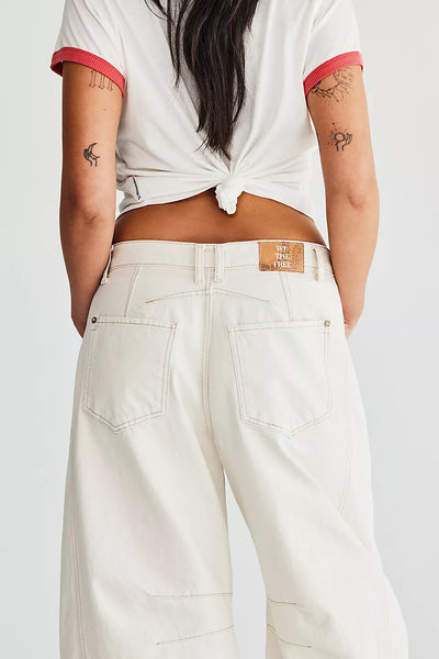 Free People Good Luck Mid Rise Barrel Ivory Jeans