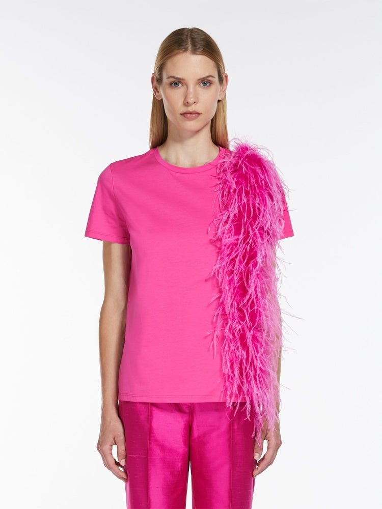 Max Mara Studio Lappole Pink Feather-detail jersey T-shirt