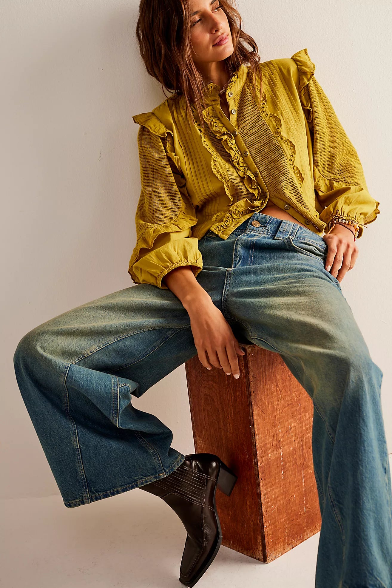 Free People We The Free Mar Ruffle Blouse Golden Palm Yellow