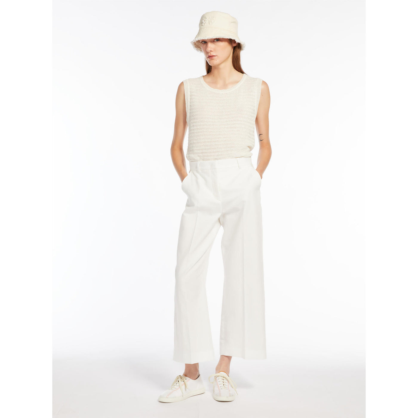 Max Mara Weekend Zircone White COTTON AND LINEN CANVAS TROUSERS