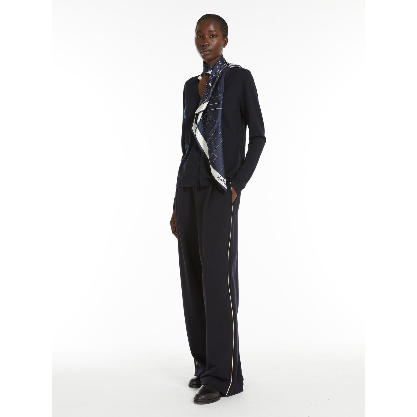 Max Mara Leisure Curve Navy Cotton Blend Trousers Think Bubbles