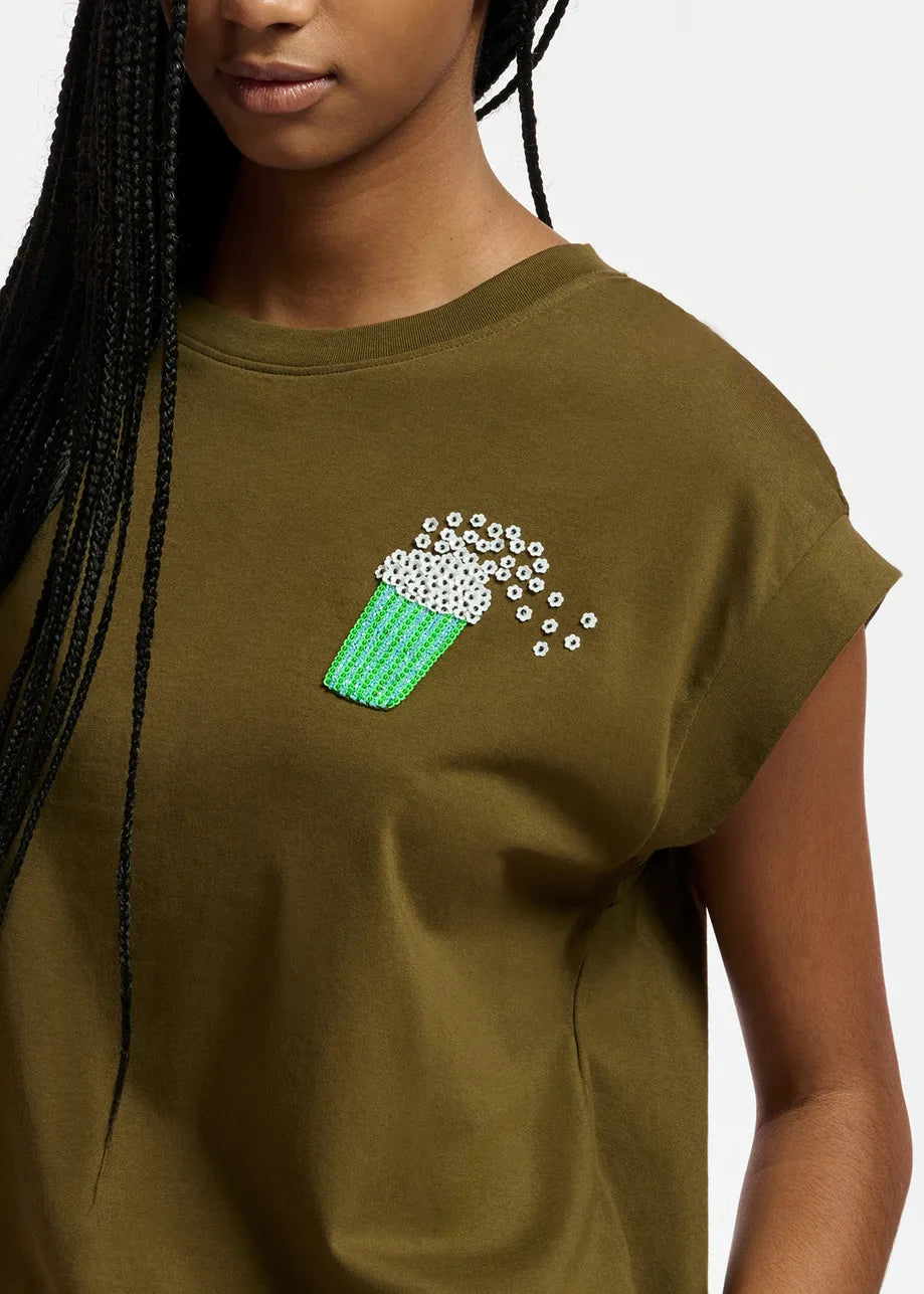 Essentiel Antwerp Khaki organic cotton T-shirt with popcorn embroidery