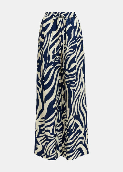 Essentiel Antwerp FIBONACCI Navy blue and off-white zebra-print wide-leg pants