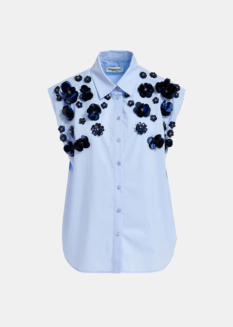 Essentiel Antwerp Fight Light blue sleeveless cotton shirt with embellishments