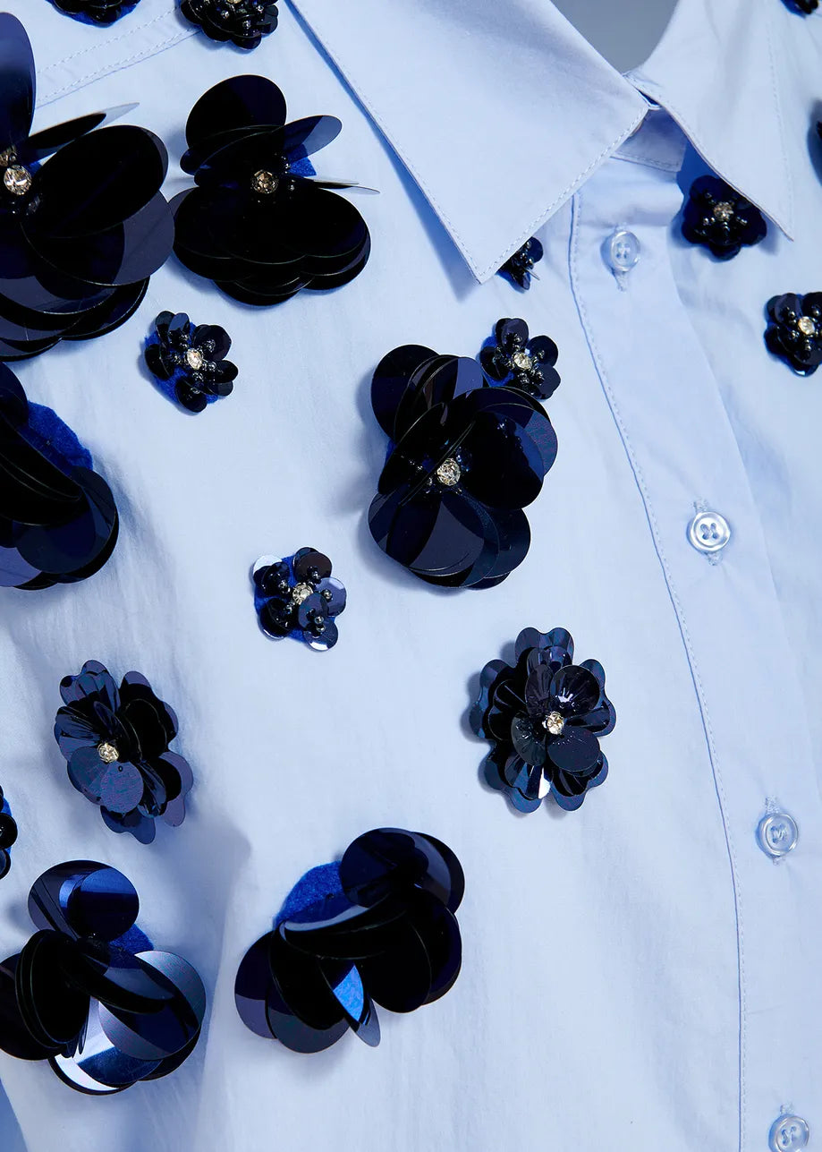 Essentiel Antwerp Fight Light blue sleeveless cotton shirt with embellishments