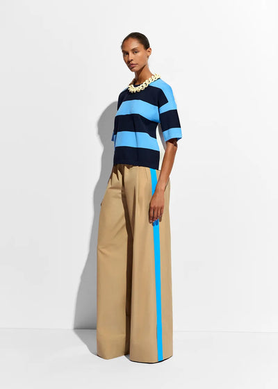 Essentiel Antwerp Fleetwood Beige wide-leg pants with blue stripes