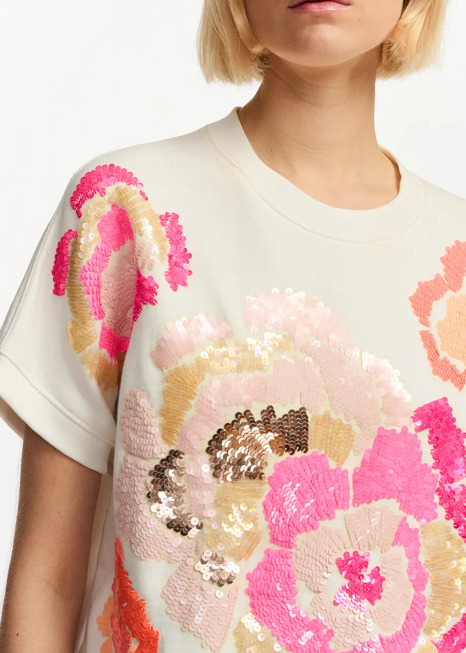 Essentiel Antwerp Floraly Off-white sleeveless sweatshirt with sequin embroideries