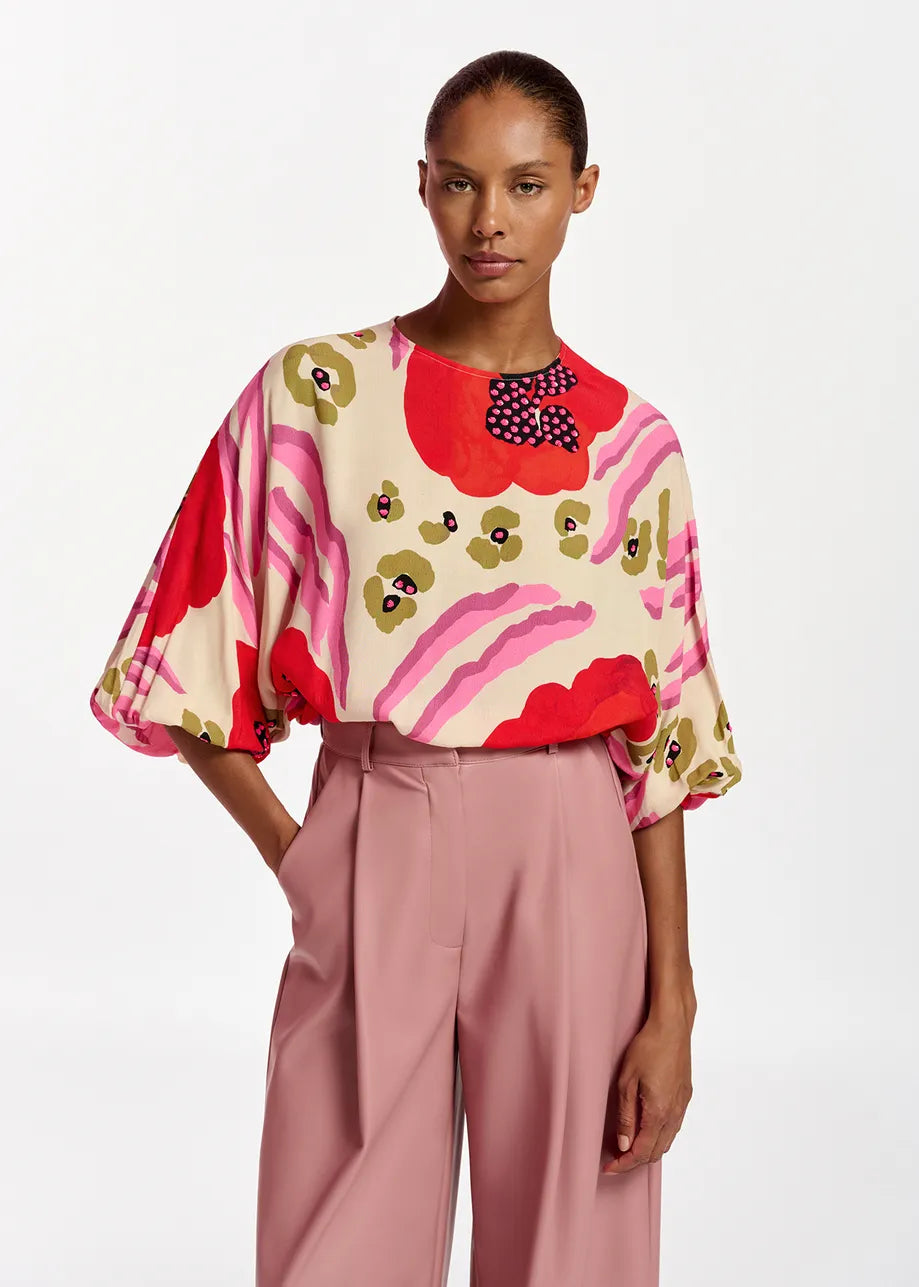 Essestiel Antwerp Ecru, red and pink batwing-sleeve top with abstract print