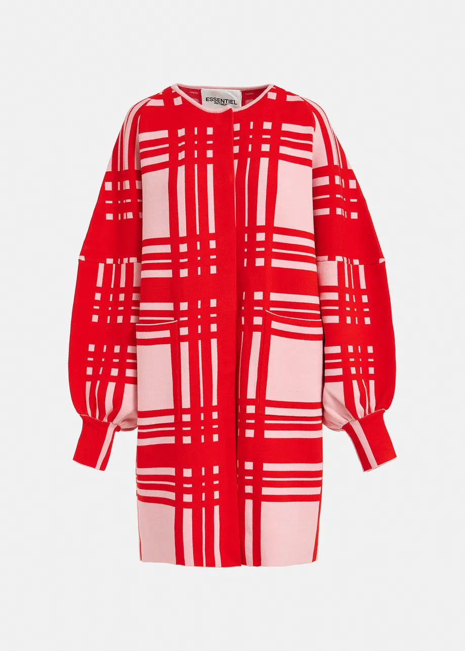 Essentiel Antwerp Light pink and red checked midi-length cardigan