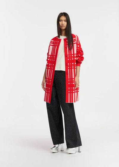 Essentiel Antwerp Light pink and red checked midi-length cardigan