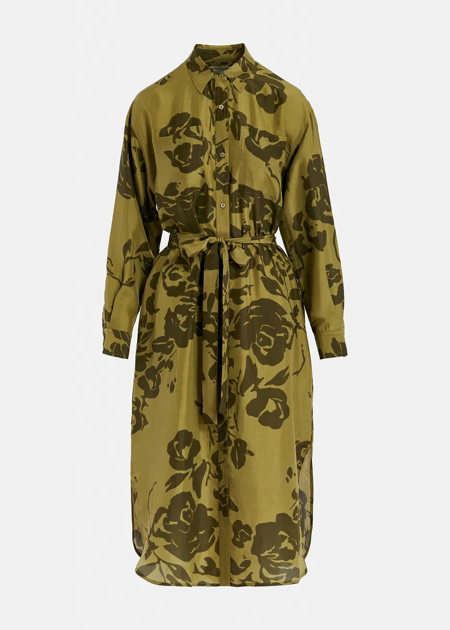 Essentiel Antwerp Khaki silk knee-length shirt dress with floral print