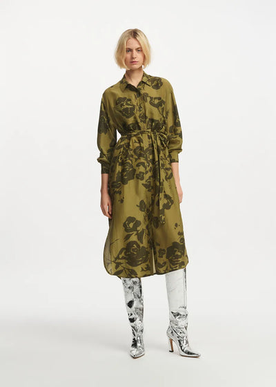 Essentiel Antwerp Khaki silk knee-length shirt dress with floral print