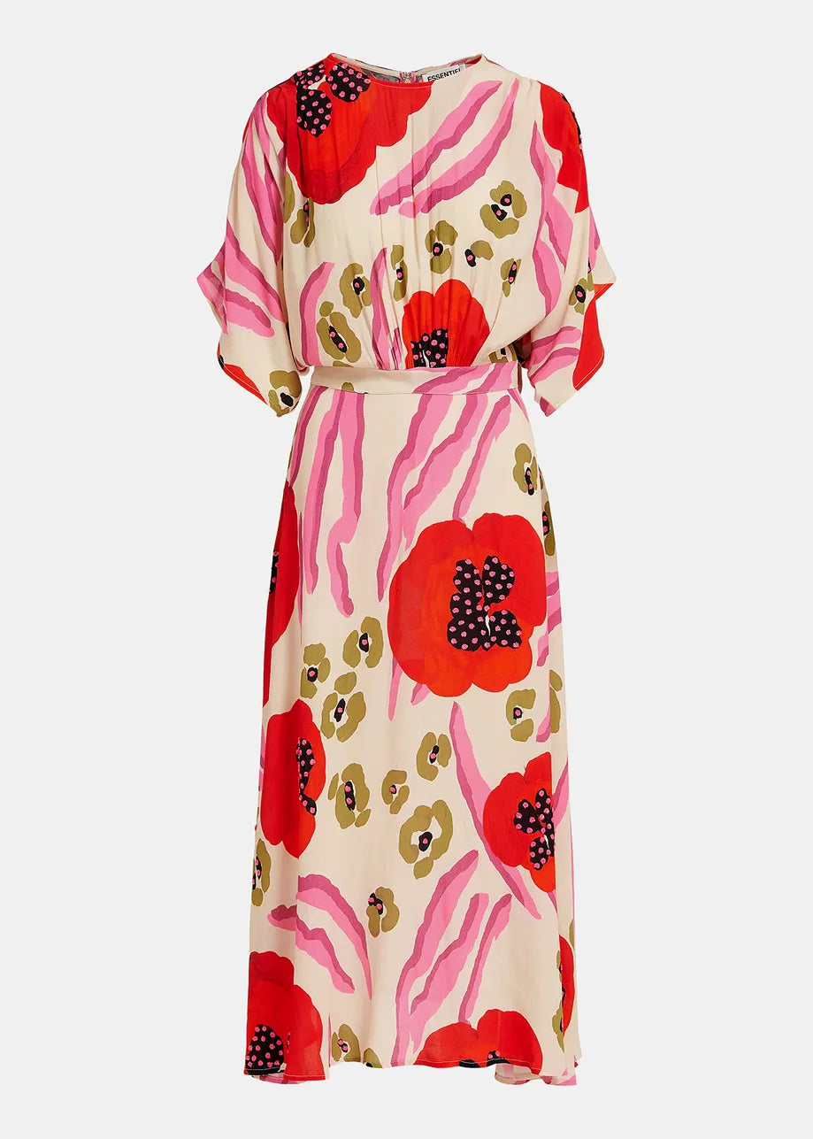Essentiel Antwerp Ecru, red and pink abstract print midi-length dress