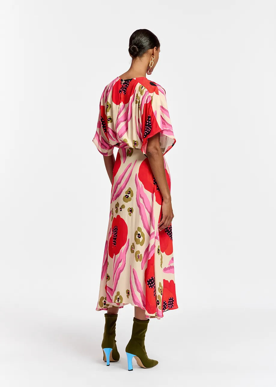 Essentiel Antwerp Ecru, red and pink abstract print midi-length dress