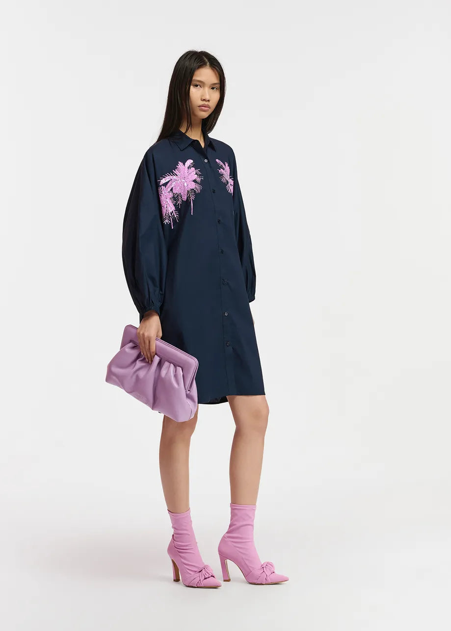 Essentiel Antwerp Frilled Navy blue cotton mini shirt dress with embroidery