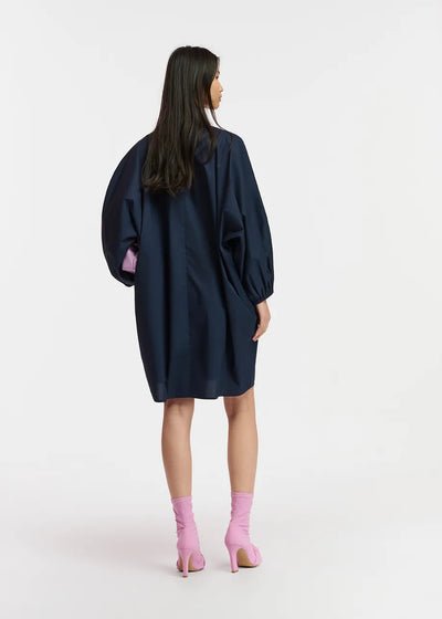 Essentiel Antwerp Frilled Navy blue cotton mini shirt dress with embroidery