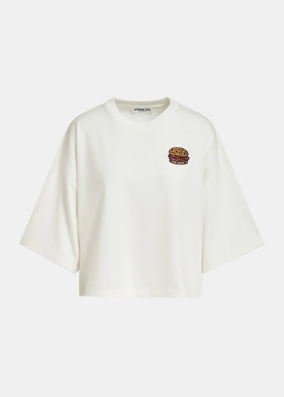 Essesntiel Antwerp Off-white organic cotton T-shirt with hamburger embroidery