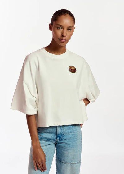 Essesntiel Antwerp Off-white organic cotton T-shirt with hamburger embroidery