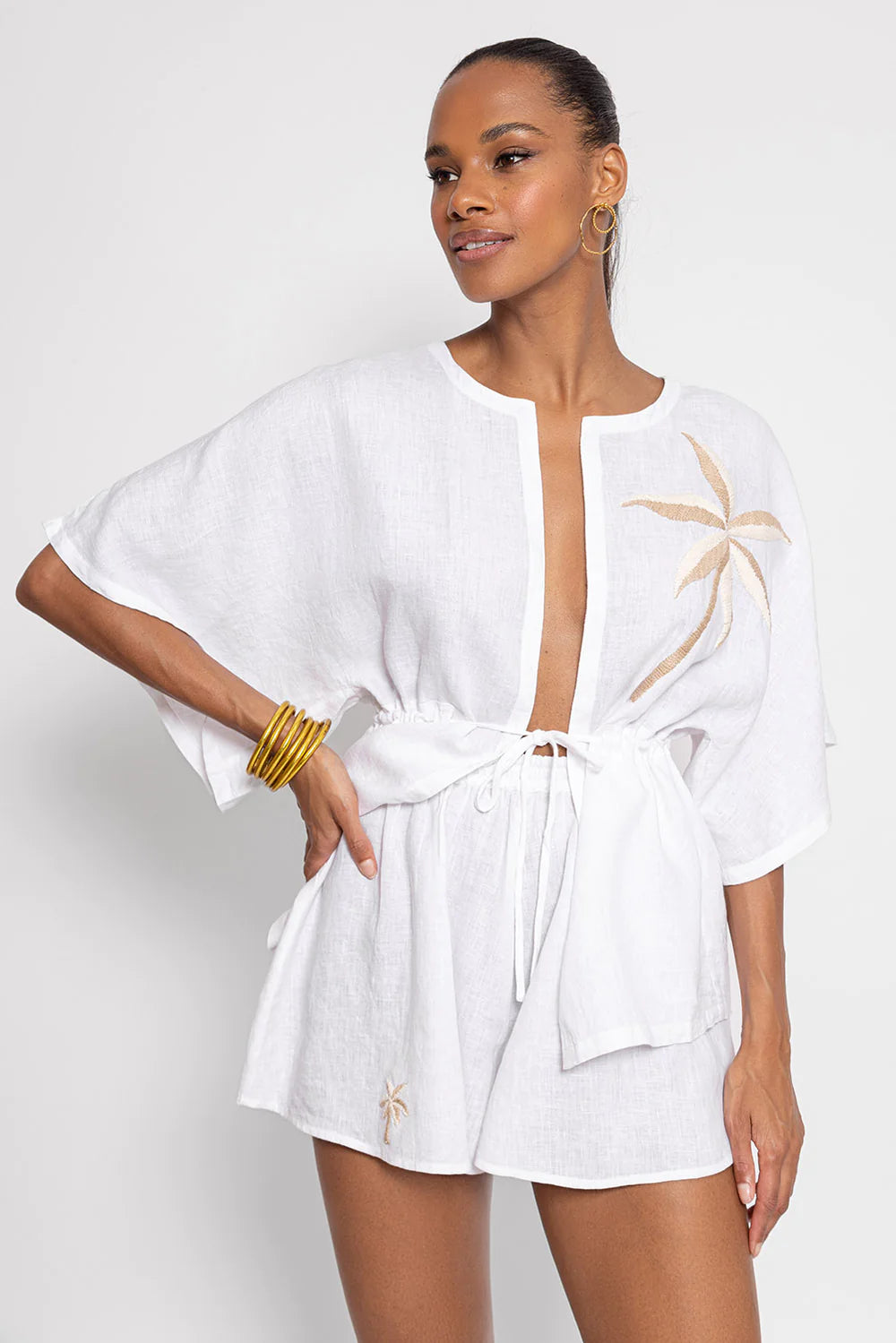 Sundress Adela Cover up white with palm tree hand embroidered