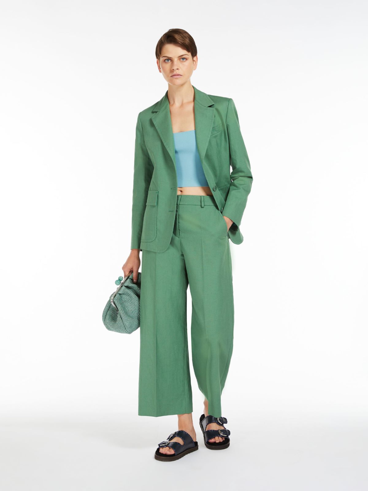 Max Mara Weekend Zircone Green COTTON AND LINEN CANVAS TROUSERS