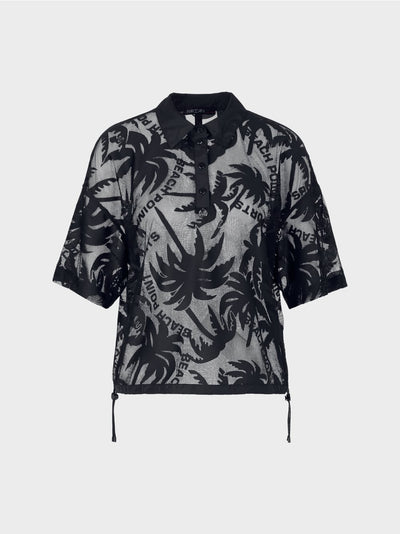 Marc Cain Midnight Blue Mesh polo shirt with palm tree design